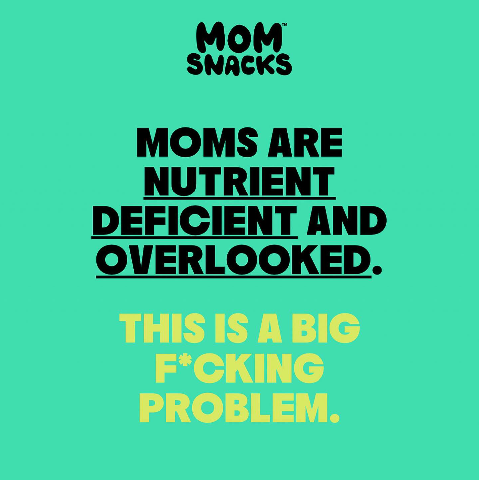 Text on a green background about mom snacks and nutrition.